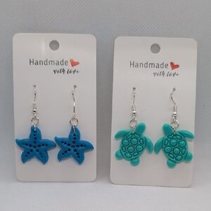 Handmade Starfish and Turtle Earrings Set - Blue and Green